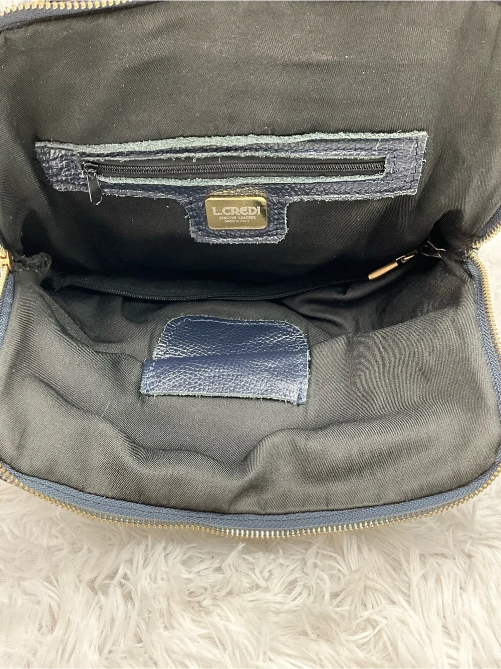 L. CREDI Backpack Navy Pebbled Leather Made in Italy Gold-tone Hardware